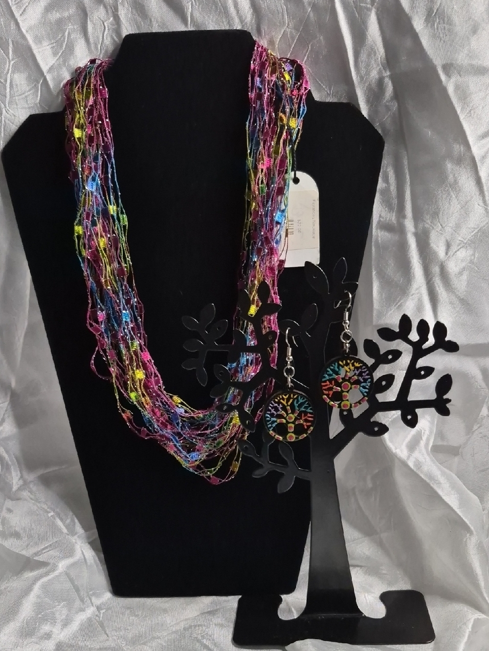 Multicolor Thread Necklace with Tree of Life Earrings